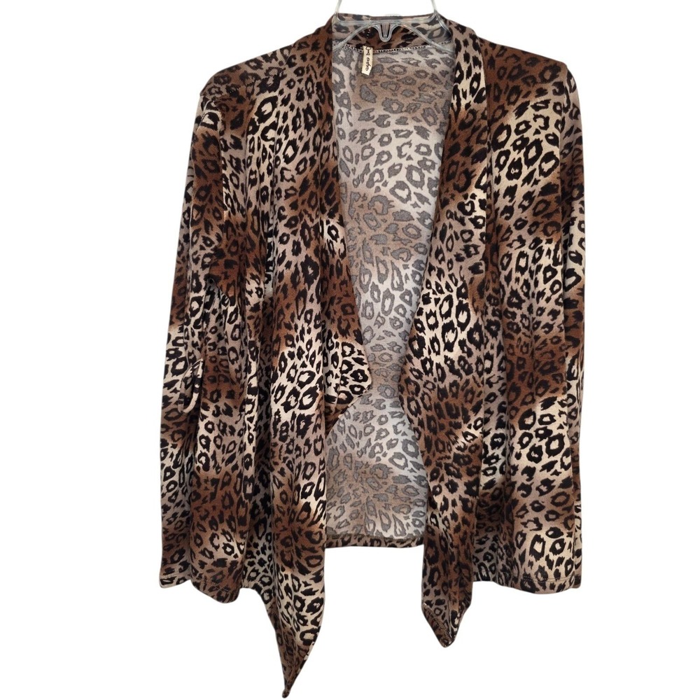 Eno Brown Animal Print Leopard Soft Knit Open Front Cardigan‎ Women's Large